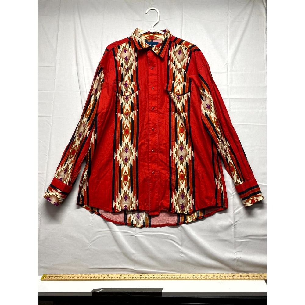 VTG Wrangler Western Shirt Mens XL Red Aztec Geometric Print Long Sleeve Snap